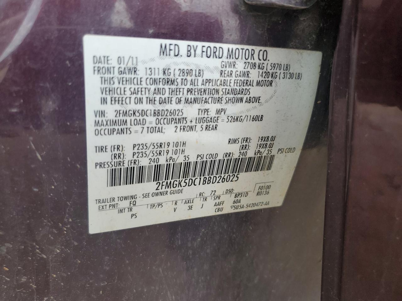 2011 Ford Flex Limited VIN: 2FMGK5DC1BBD26025 Lot: 81627605