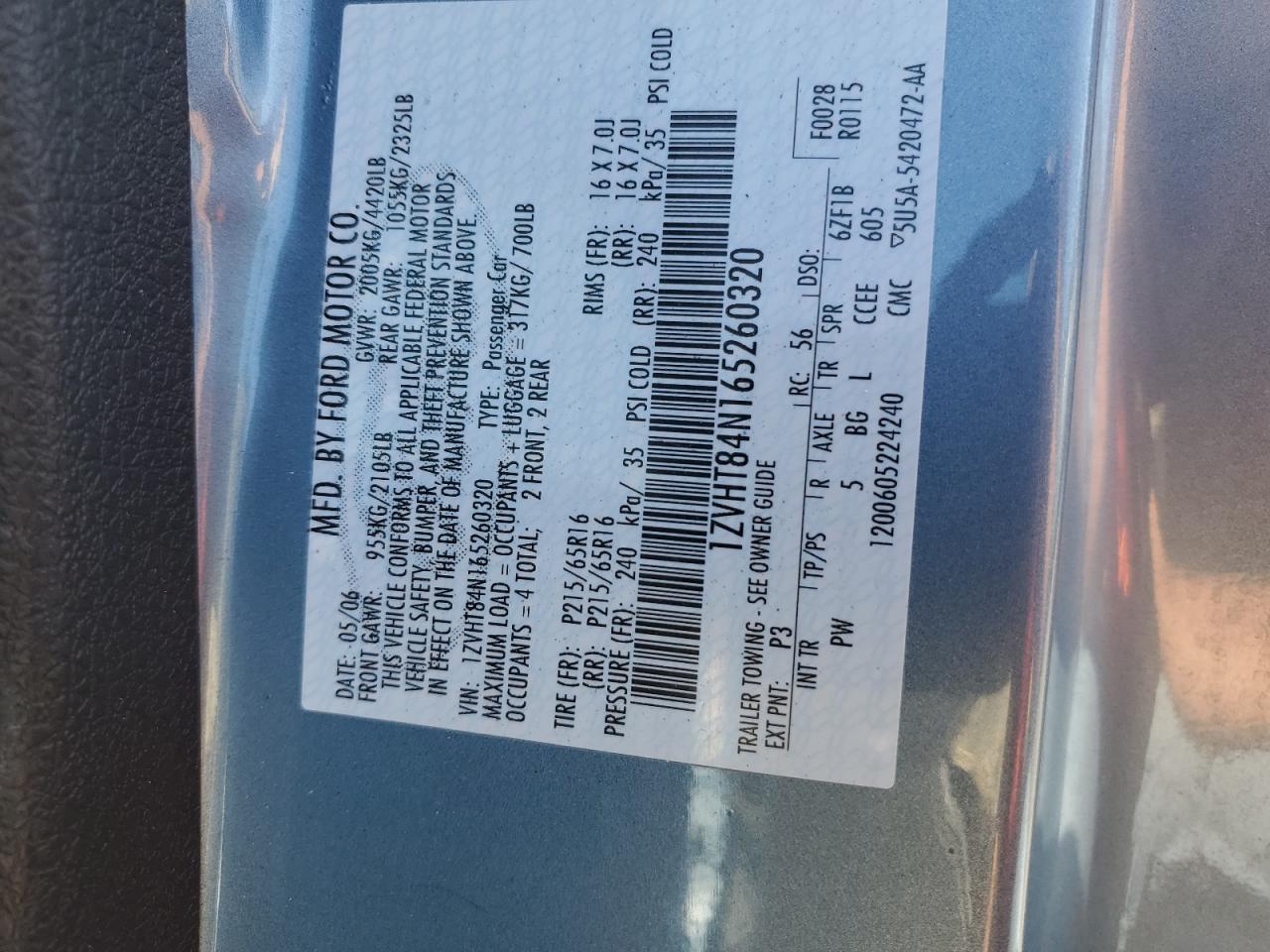 2006 Ford Mustang VIN: 1ZVHT84N165260320 Lot: 80752265