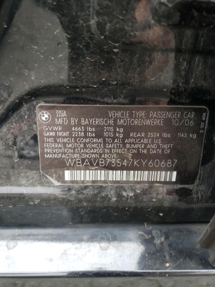 2007 BMW 335 I VIN: WBAVB73547KY60687 Lot: 71696015