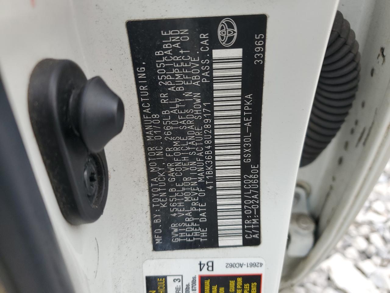 2008 Toyota Avalon Xl VIN: 4T1BK36B48U289171 Lot: 83778205