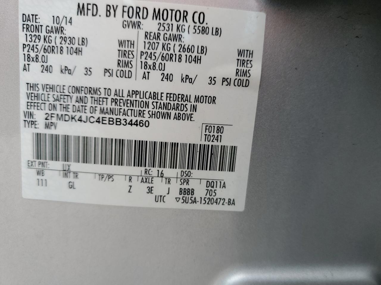 2014 Ford Edge Sel VIN: 2FMDK4JC4EBB34460 Lot: 71962565