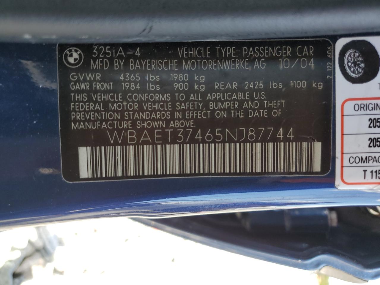 2005 BMW 325 I VIN: WBAET37465NJ87744 Lot: 81103395