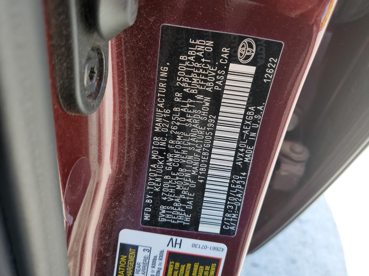 2016 Toyota Avalon Hybrid VIN: 4T1BD1EB7GU051992 Lot: 81670715