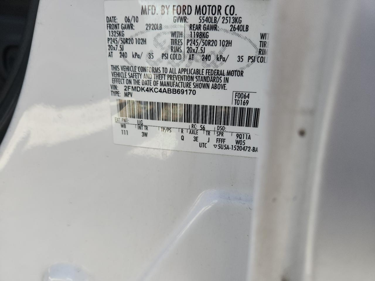2010 Ford Edge Limited VIN: 2FMDK4KC4ABB69170 Lot: 72086995