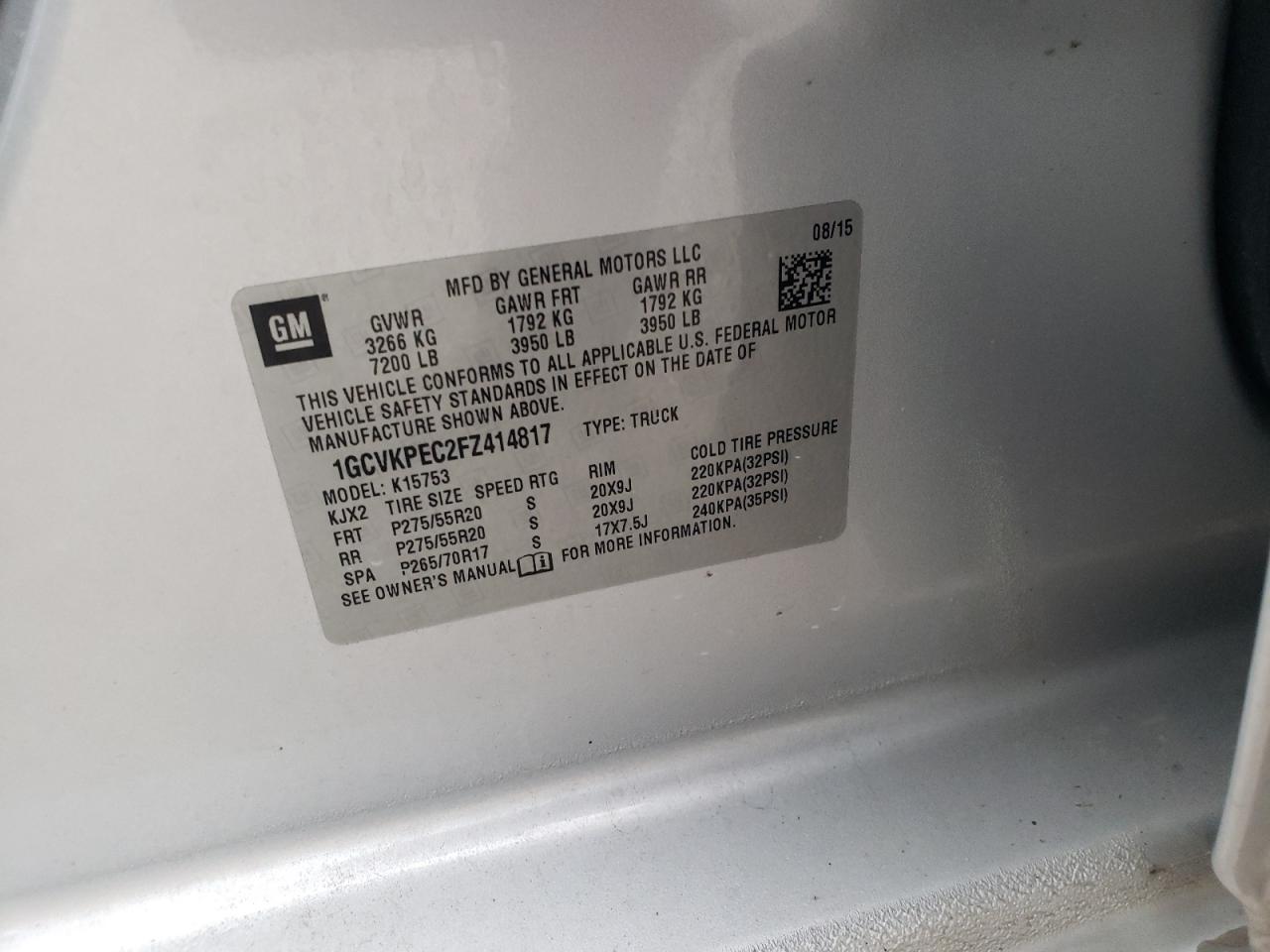 2015 Chevrolet Silverado K1500 VIN: 1GCVKPEC2FZ414817 Lot: 82069385