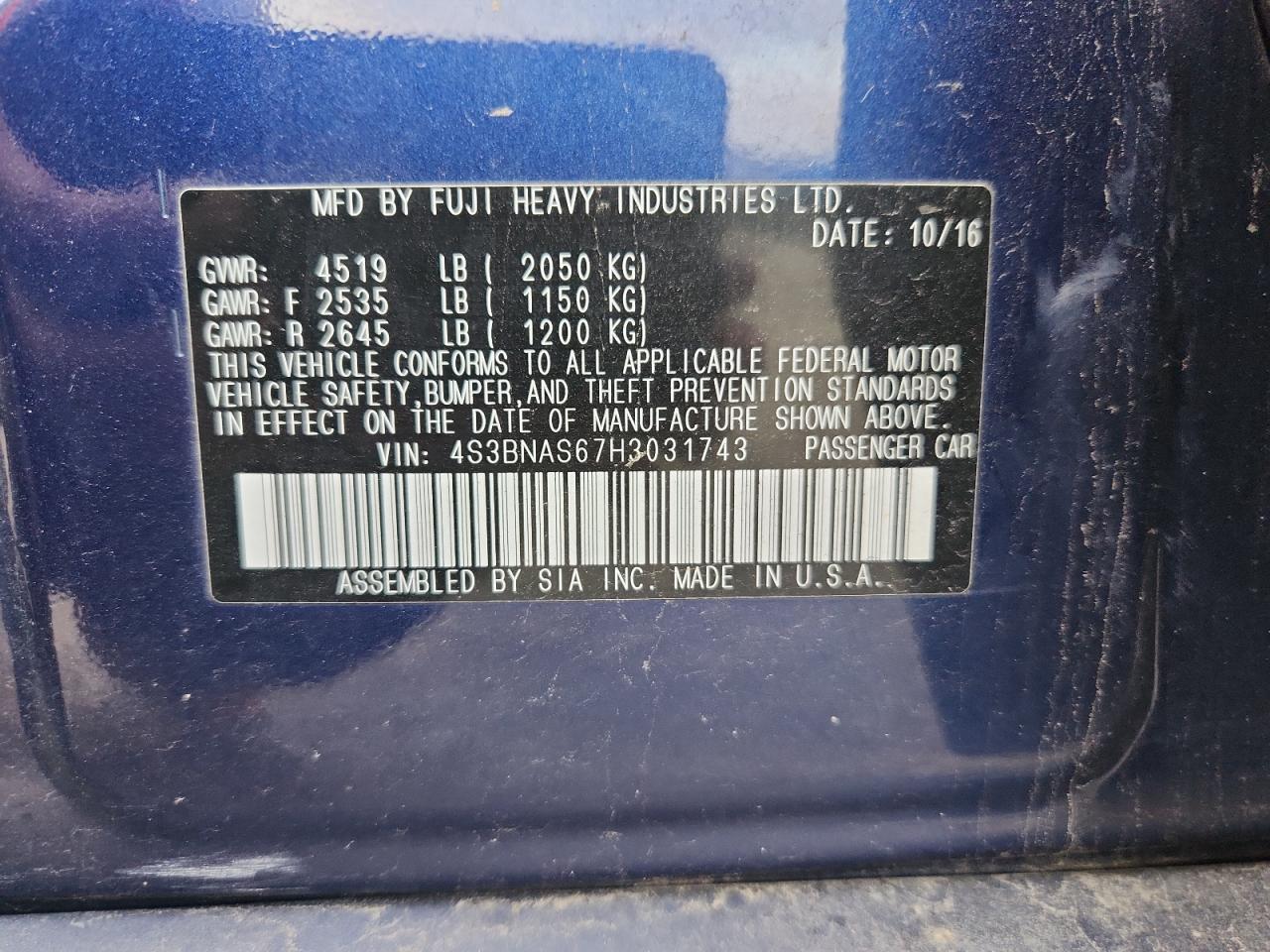 2017 Subaru Legacy Sport VIN: 4S3BNAS67H3031743 Lot: 70848995