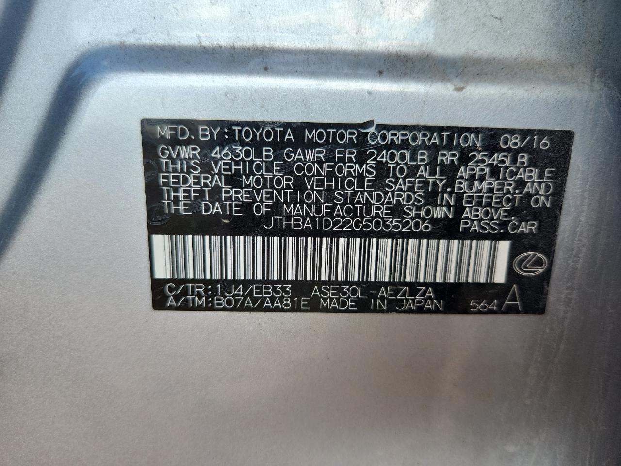 2016 Lexus Is 200T VIN: JTHBA1D22G5035206 Lot: 66695675