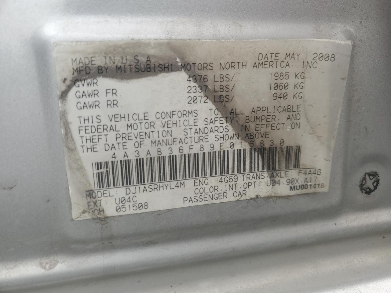 2009 Mitsubishi Galant Es VIN: 4A3AB36F89E016830 Lot: 81888935