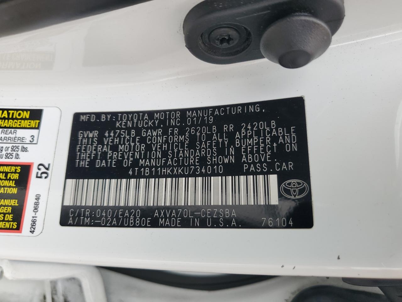 2019 Toyota Camry L VIN: 4T1B11HKXKU734010 Lot: 83762025