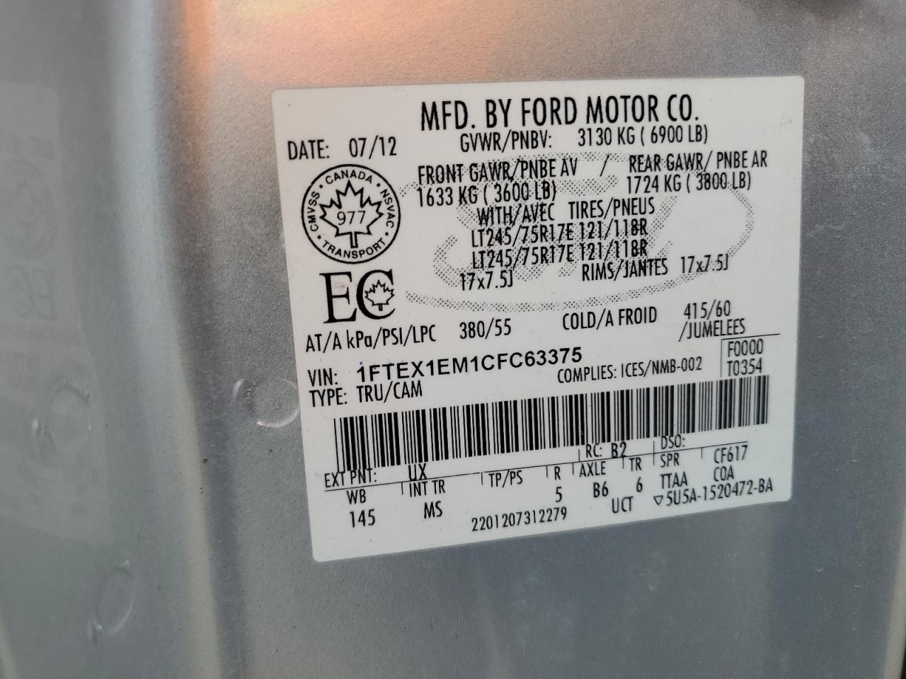 2012 Ford F150 Super Cab VIN: 1FTEX1EM1CFC63375 Lot: 80802305