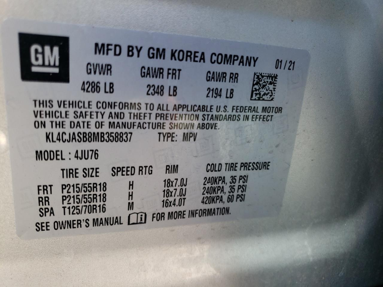 2021 Buick Encore Preferred VIN: KL4CJASB8MB358837 Lot: 81106535