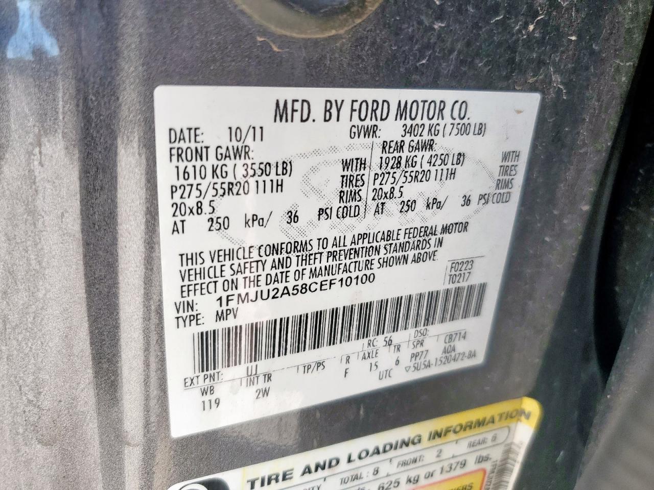 2012 Ford Expedition Limited VIN: 1FMJU2A58CEF10100 Lot: 84558755