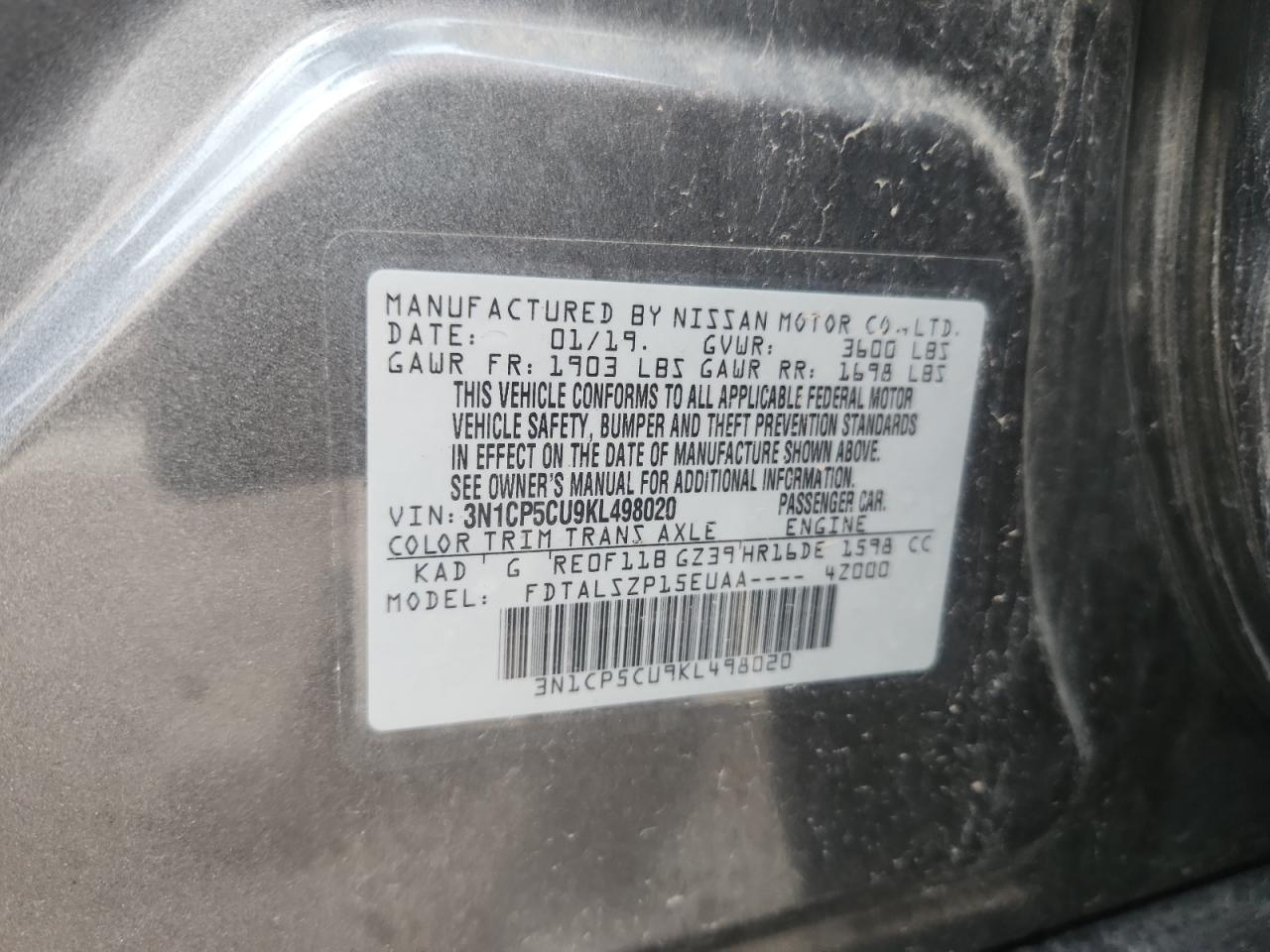 2019 Nissan Kicks S VIN: 3N1CP5CU9KL498020 Lot: 80906965