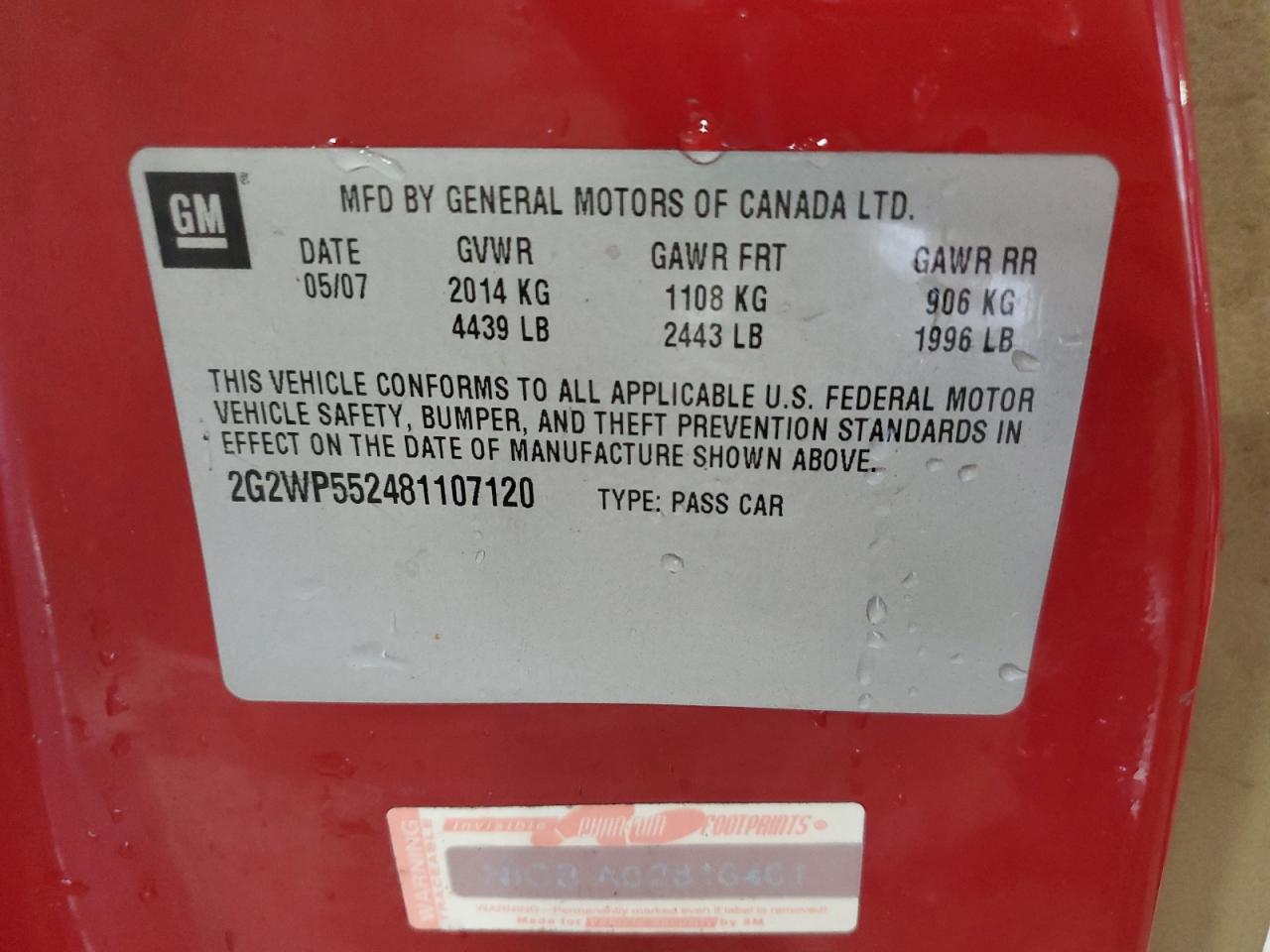 2008 Pontiac Grand Prix VIN: 2G2WP552481107120 Lot: 83859545