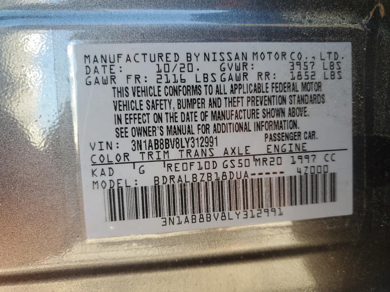 2020 Nissan Sentra S VIN: 3N1AB8BV8LY312991 Lot: 81005365
