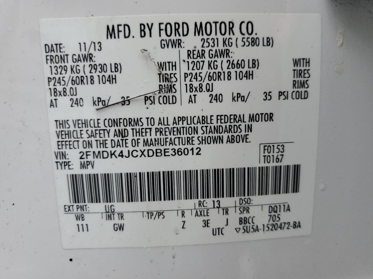 2013 Ford Edge Sel VIN: 2FMDK4JCXDBE36012 Lot: 84358395