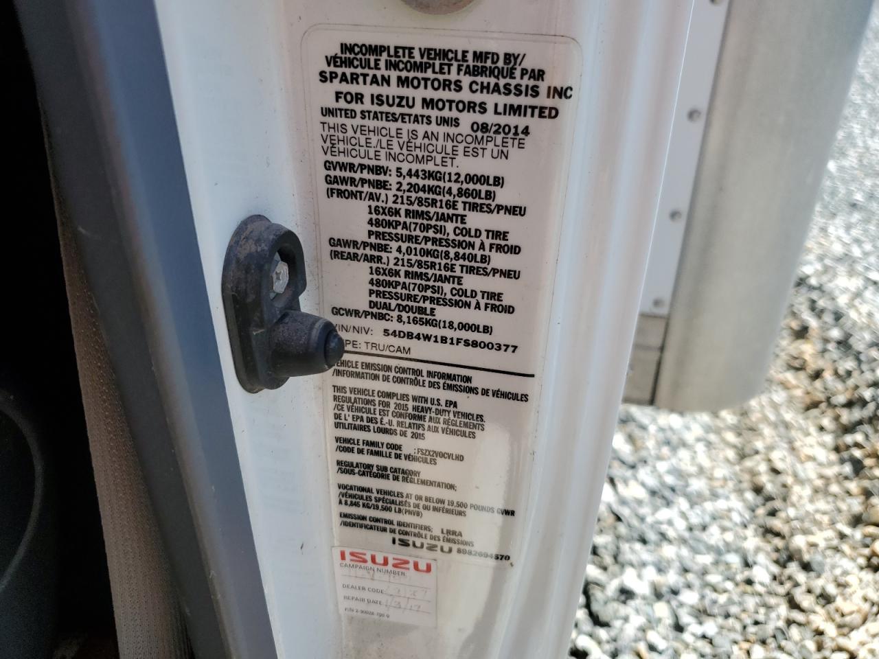 2015 Isuzu Npr Hd VIN: 54DB4W1B1FS800377 Lot: 64923005