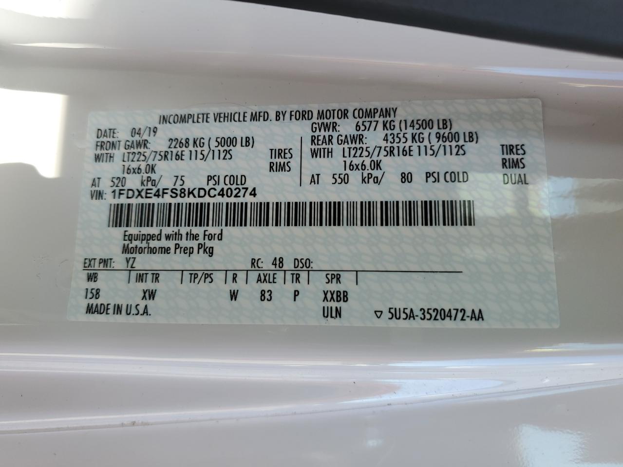 2019 Ford Econoline E450 Super Duty Cutaway Van VIN: 1FDXE4FS8KDC40274 Lot: 81372575