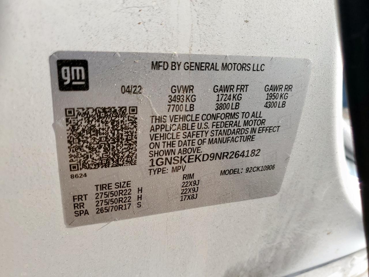 2022 Chevrolet Suburban K1500 Rst VIN: 1GNSKEKD9NR264182 Lot: 80283255