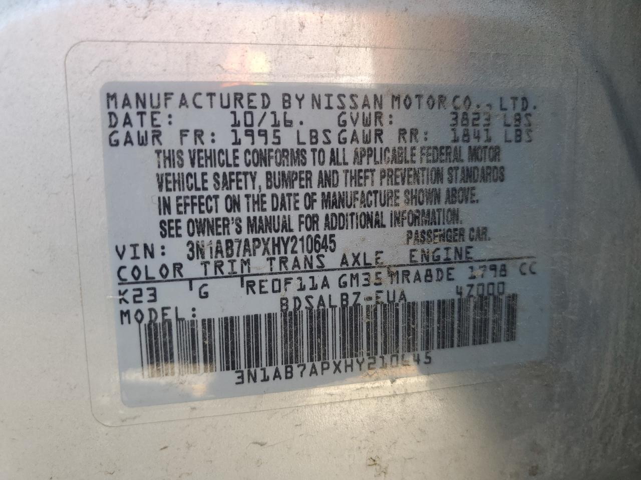 2017 Nissan Sentra S VIN: 3N1AB7APXHY210645 Lot: 80316775