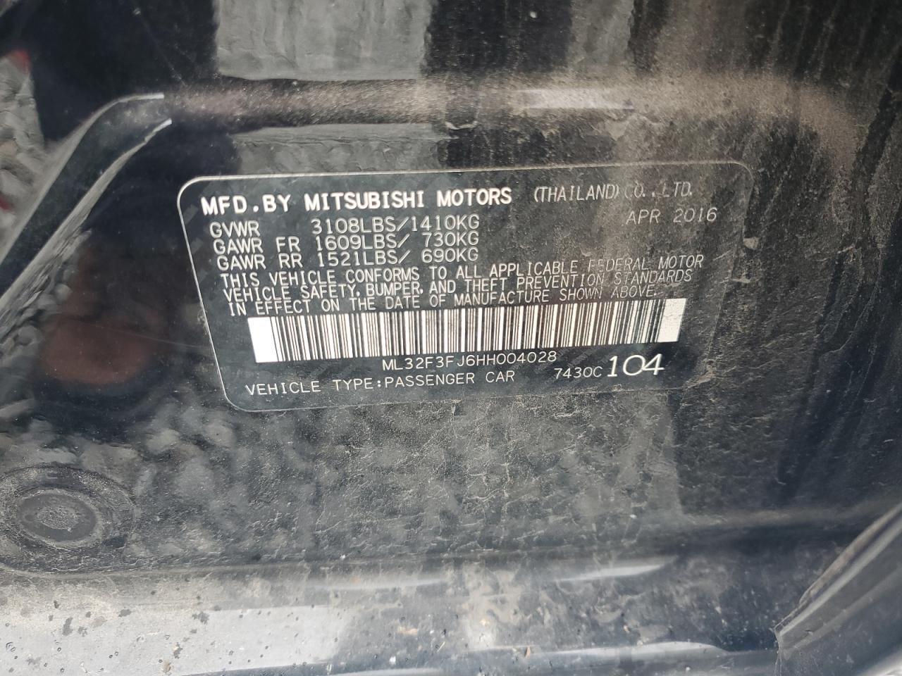 2017 Mitsubishi Mirage G4 Es VIN: ML32F3FJ6HH004028 Lot: 82062015