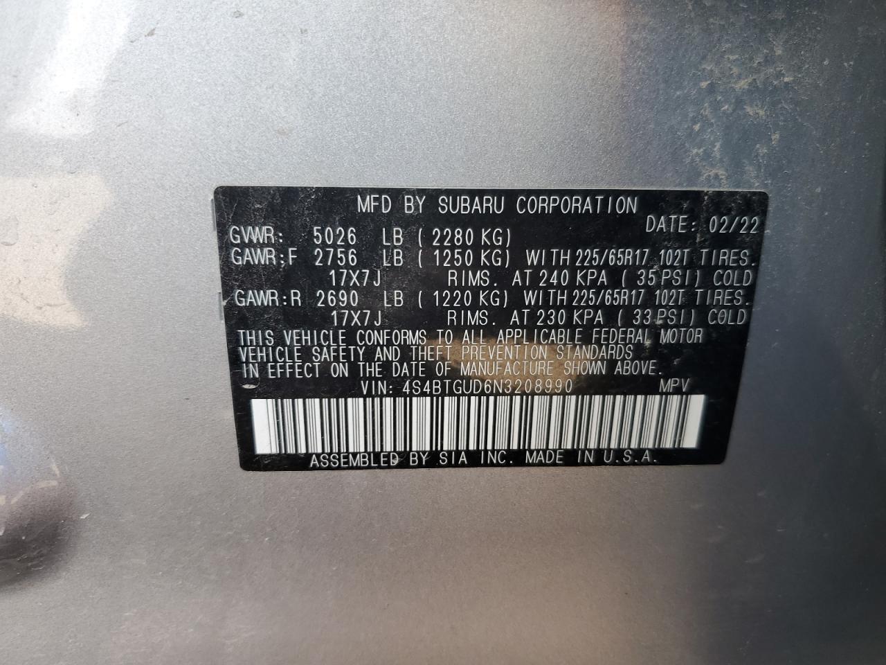 2022 Subaru Outback Wilderness VIN: 4S4BTGUD6N3208990 Lot: 83814955