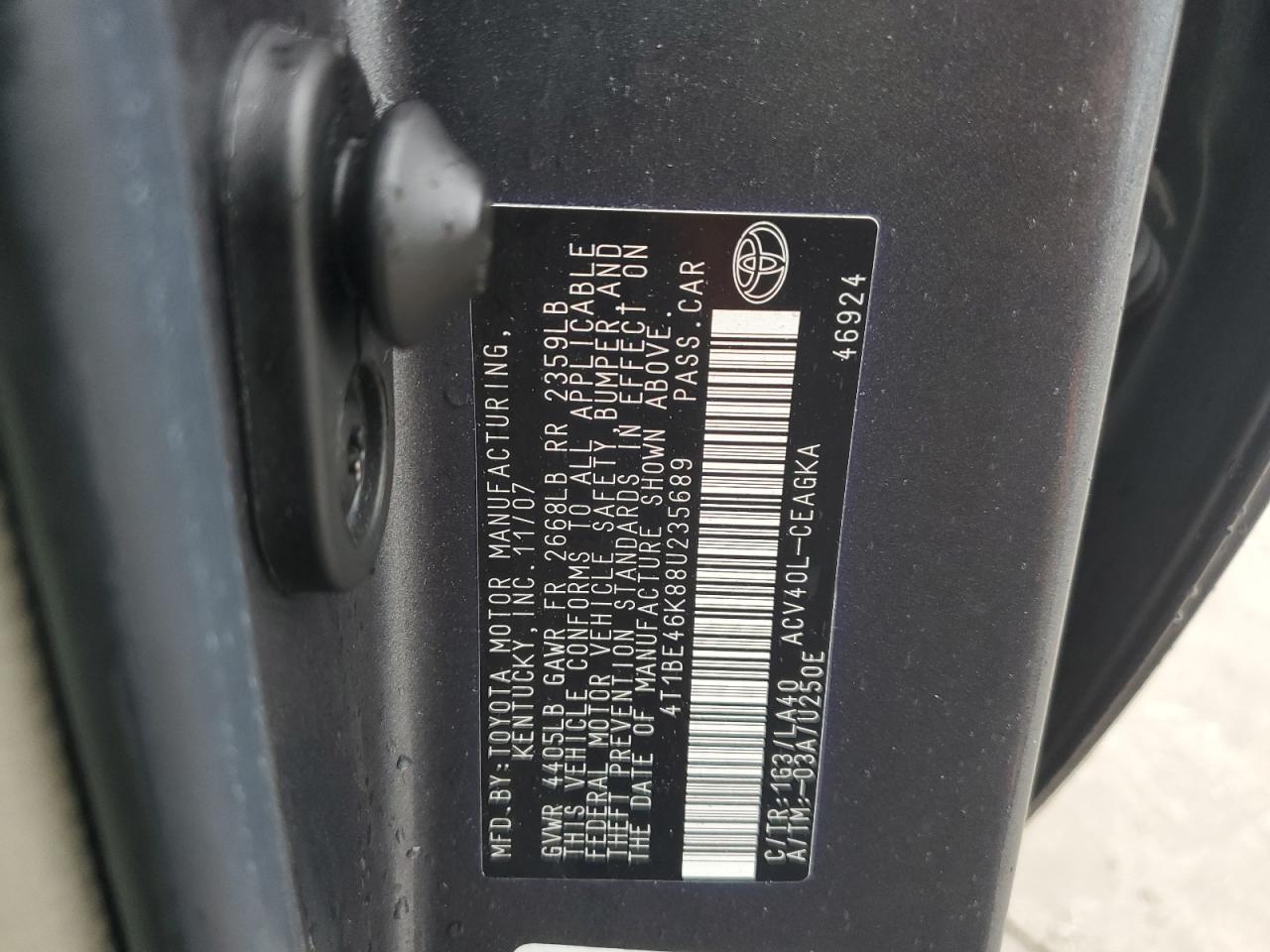 2008 Toyota Camry Ce VIN: 4T1BE46K88U235689 Lot: 81548145