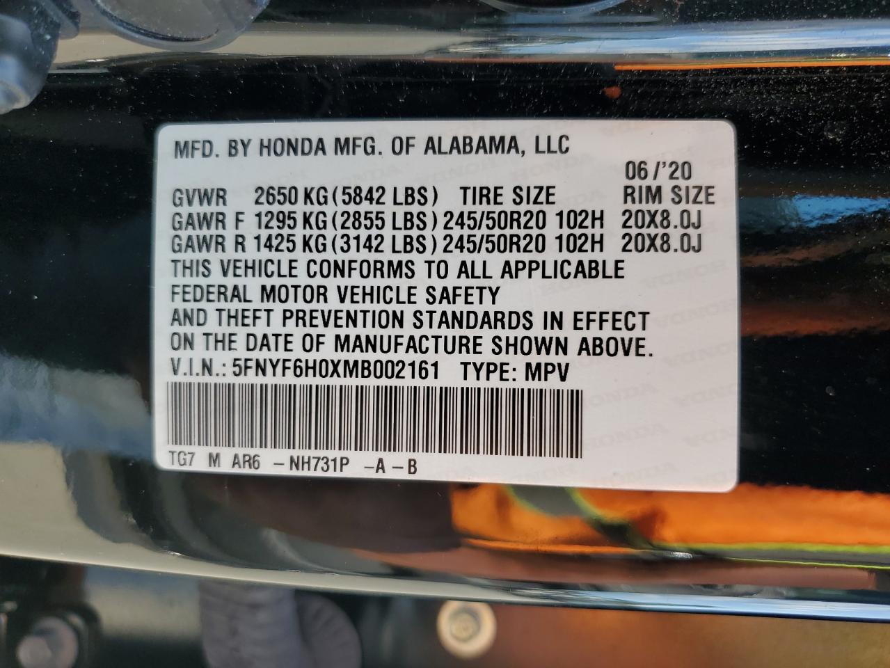 2021 Honda Pilot Elite VIN: 5FNYF6H0XMB002161 Lot: 81557255