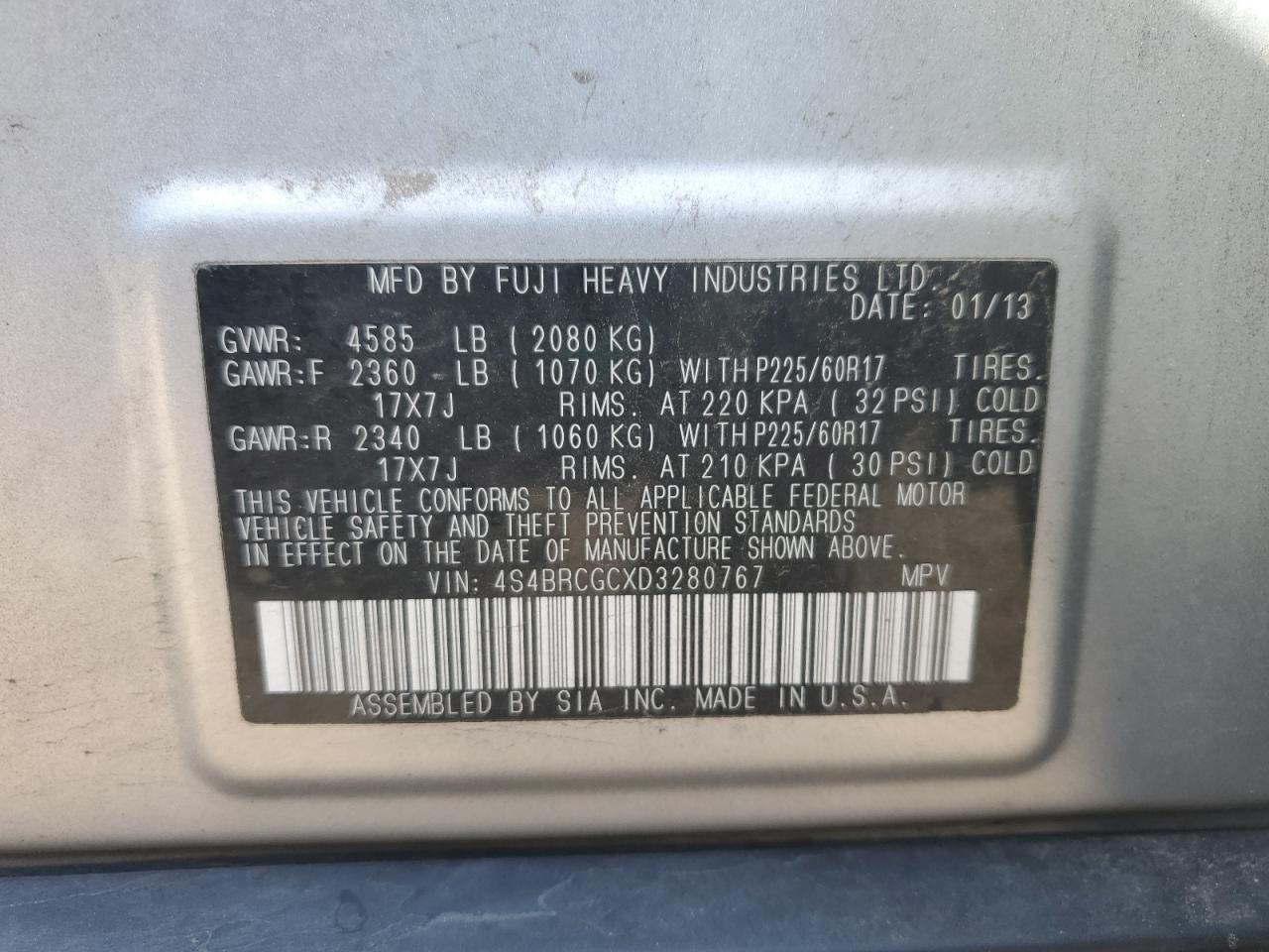 2013 Subaru Outback 2.5I Premium VIN: 4S4BRCGCXD3280767 Lot: 83841675