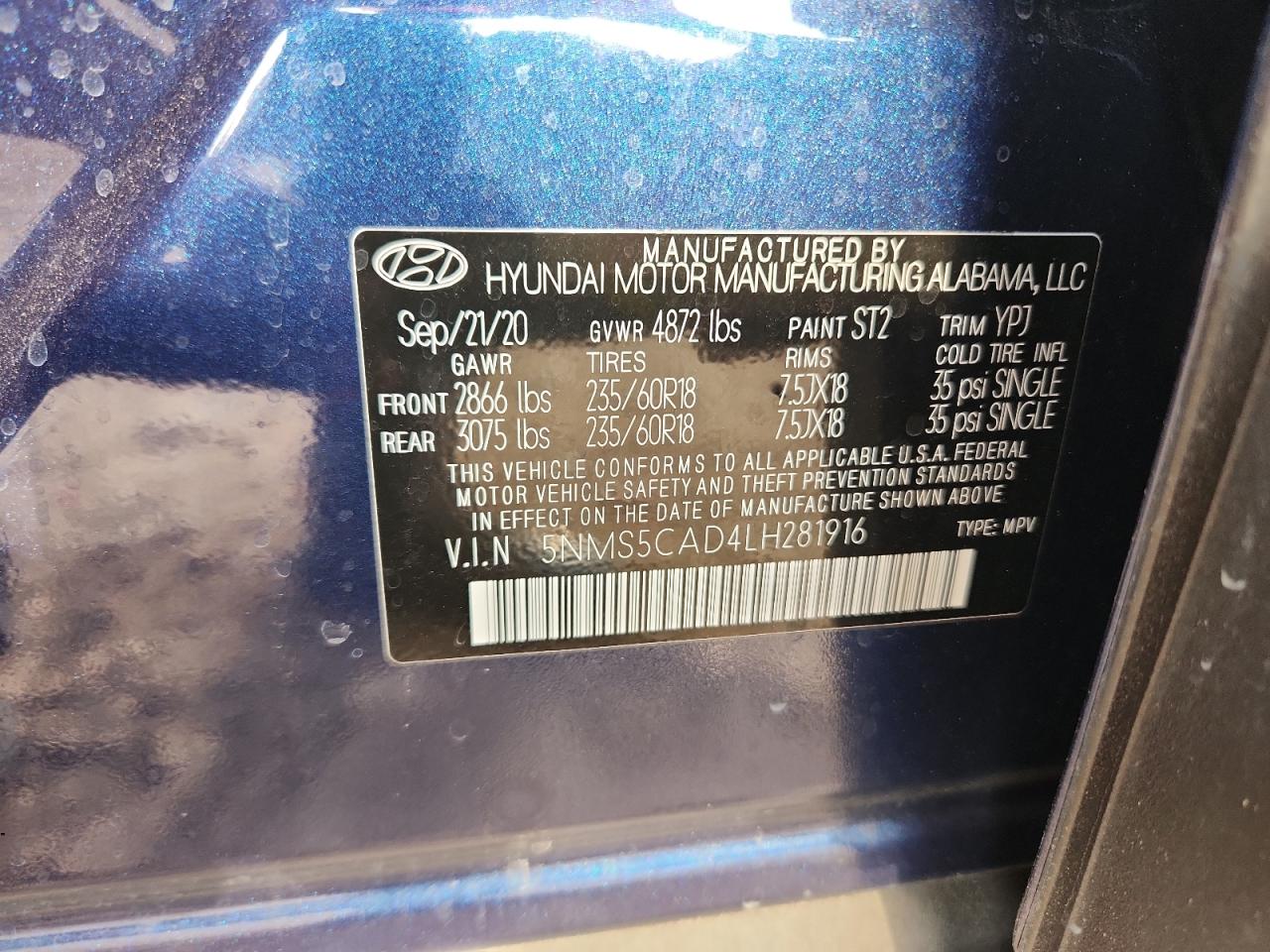 2020 Hyundai Santa Fe Limited VIN: 5NMS5CAD4LH281916 Lot: 81650855