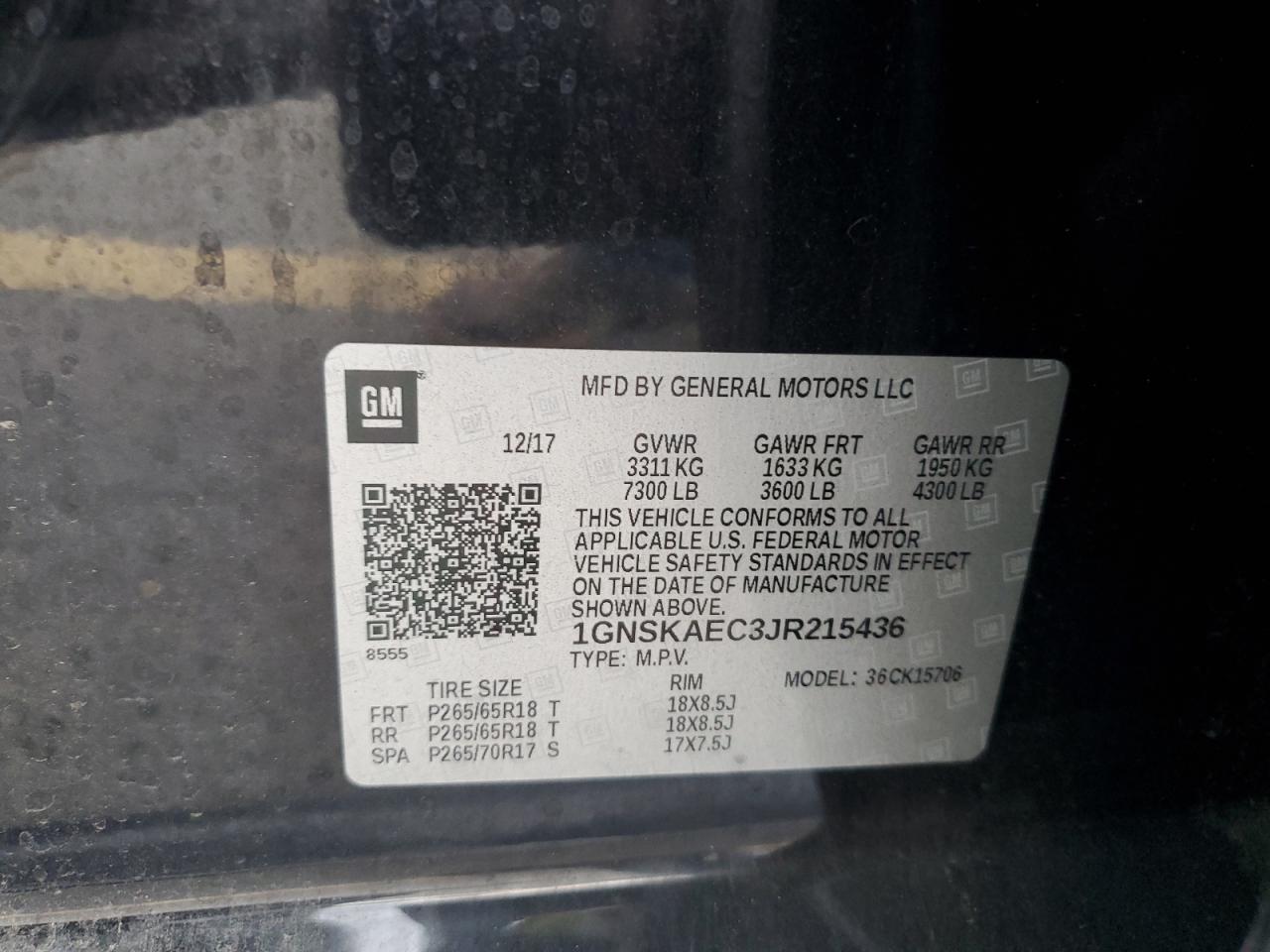 2018 Chevrolet Tahoe K1500 Ls VIN: 1GNSKAEC3JR215436 Lot: 84821135