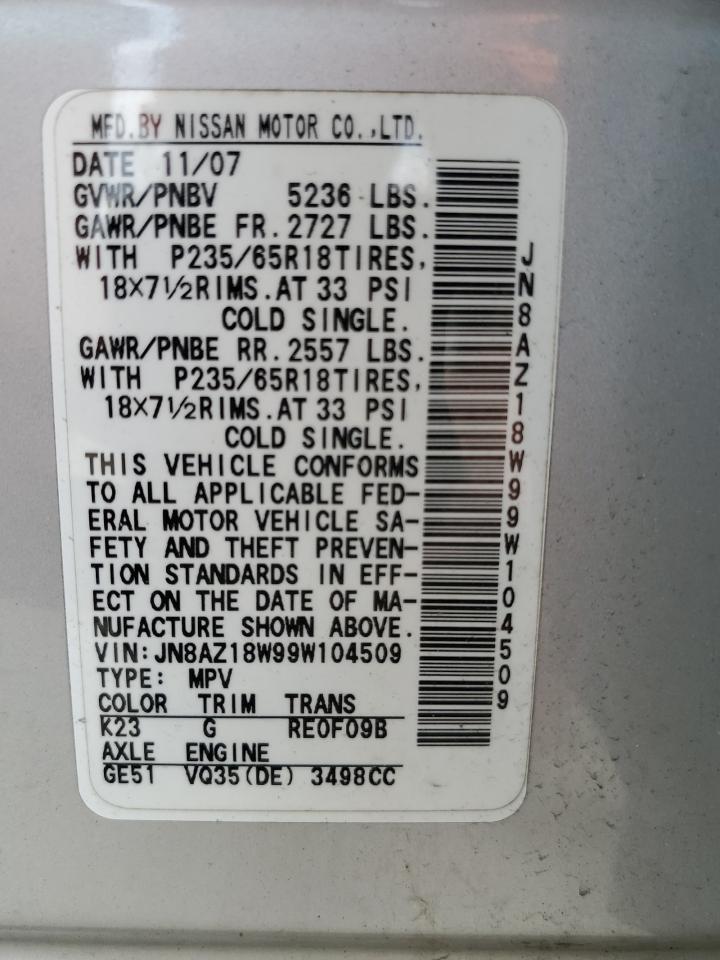 2009 Nissan Murano S VIN: JN8AZ18W99W104509 Lot: 80394365