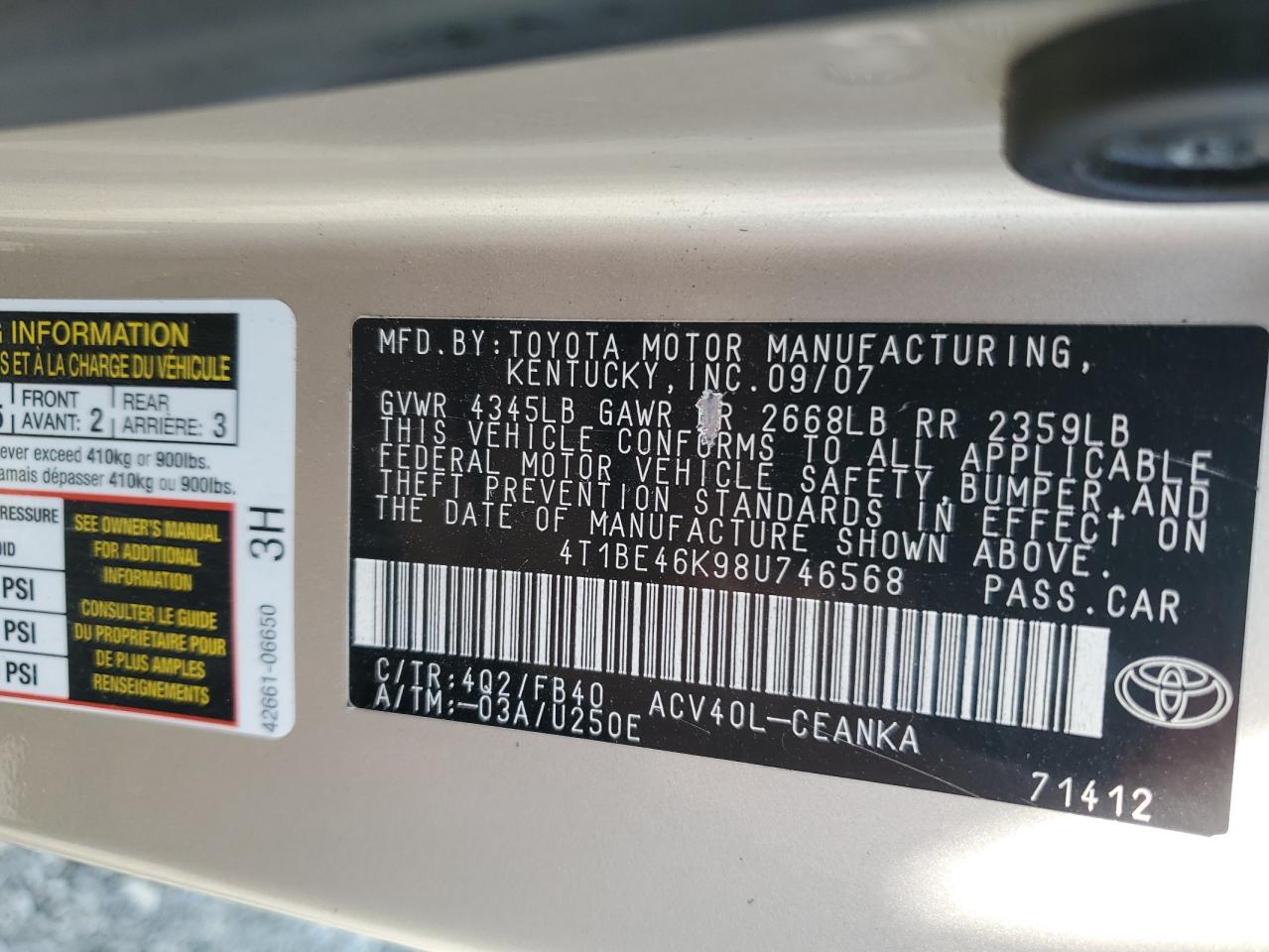 2008 Toyota Camry Ce VIN: 4T1BE46K98U746568 Lot: 81621285