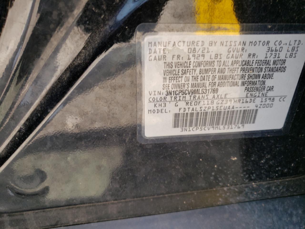 2021 Nissan Kicks Sv VIN: 3N1CP5CV9ML531769 Lot: 72095685