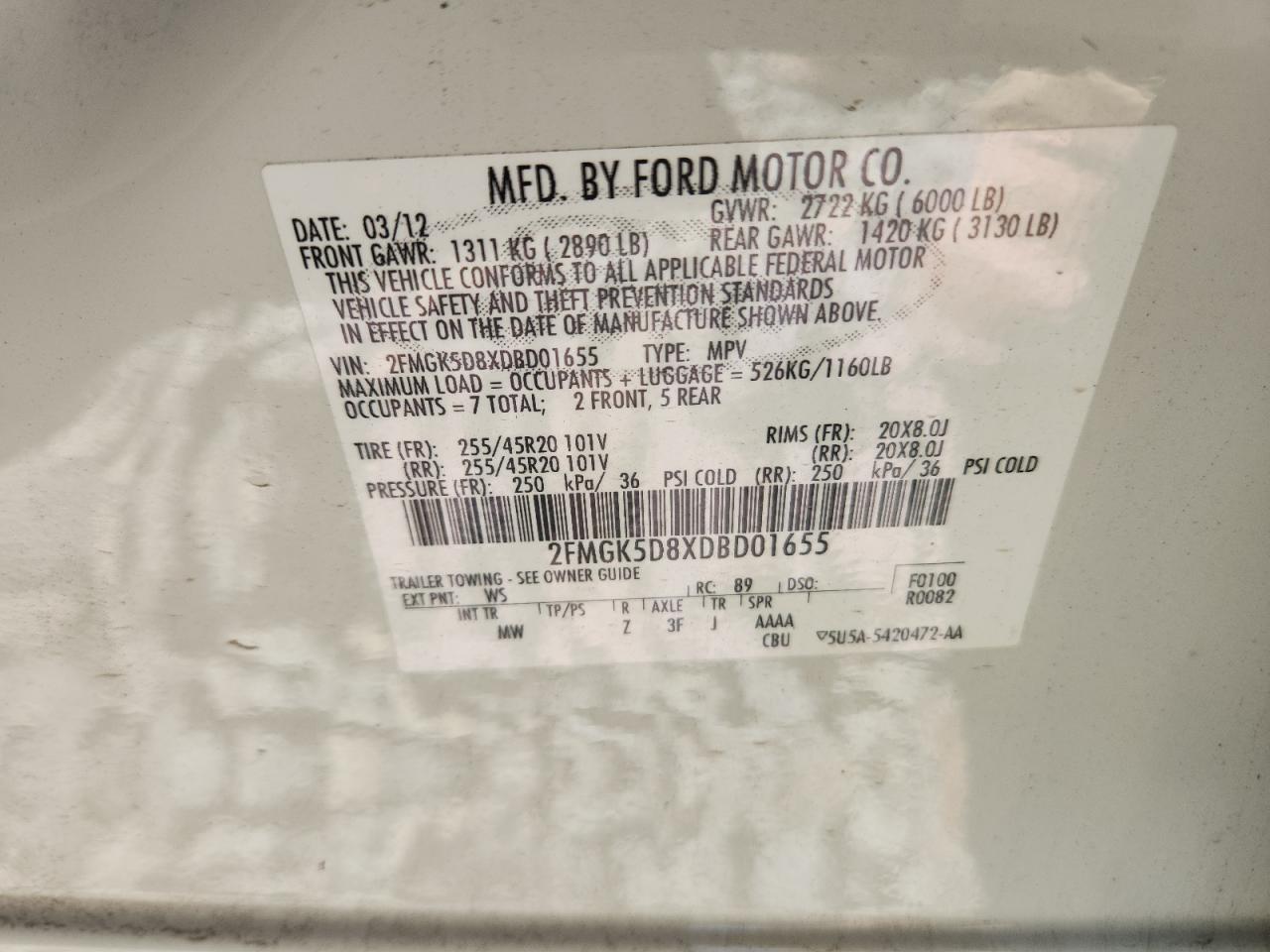 2013 Ford Flex Limited VIN: 2FMGK5D8XDBD01655 Lot: 71469075