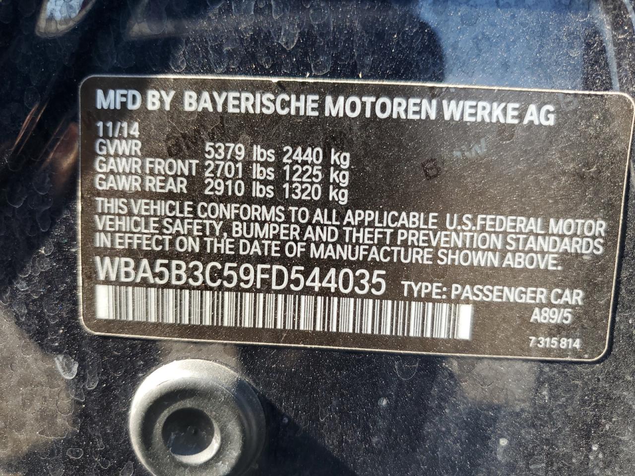 2015 BMW 535 Xi VIN: WBA5B3C59FD544035 Lot: 80821325