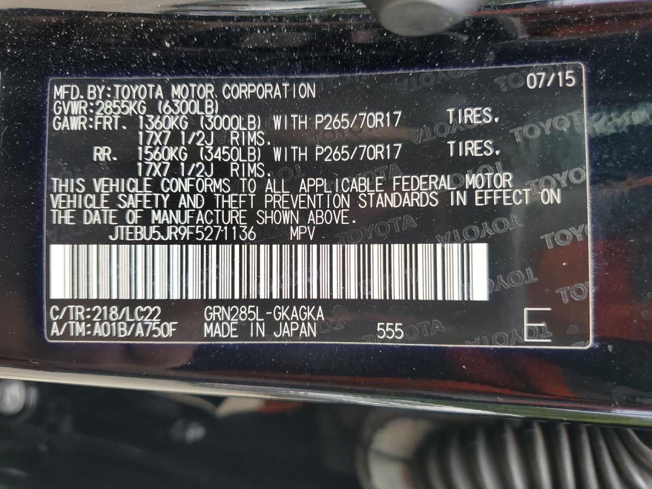 2015 Toyota 4Runner Sr5/Sr5 Premium VIN: JTEBU5JR9F5271136 Lot: 80936925