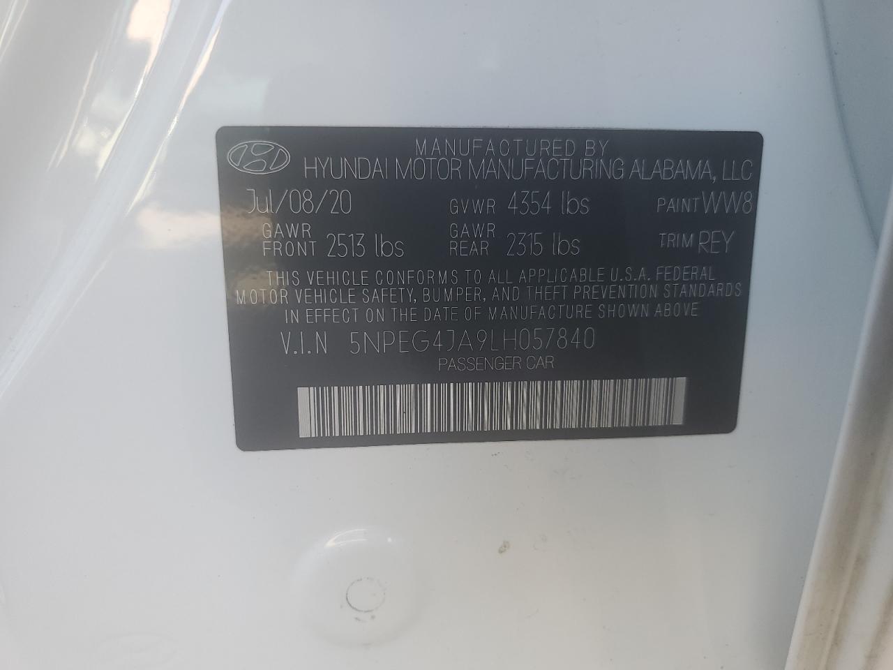 2020 Hyundai Sonata Se VIN: 5NPEG4JA9LH057840 Lot: 71216455
