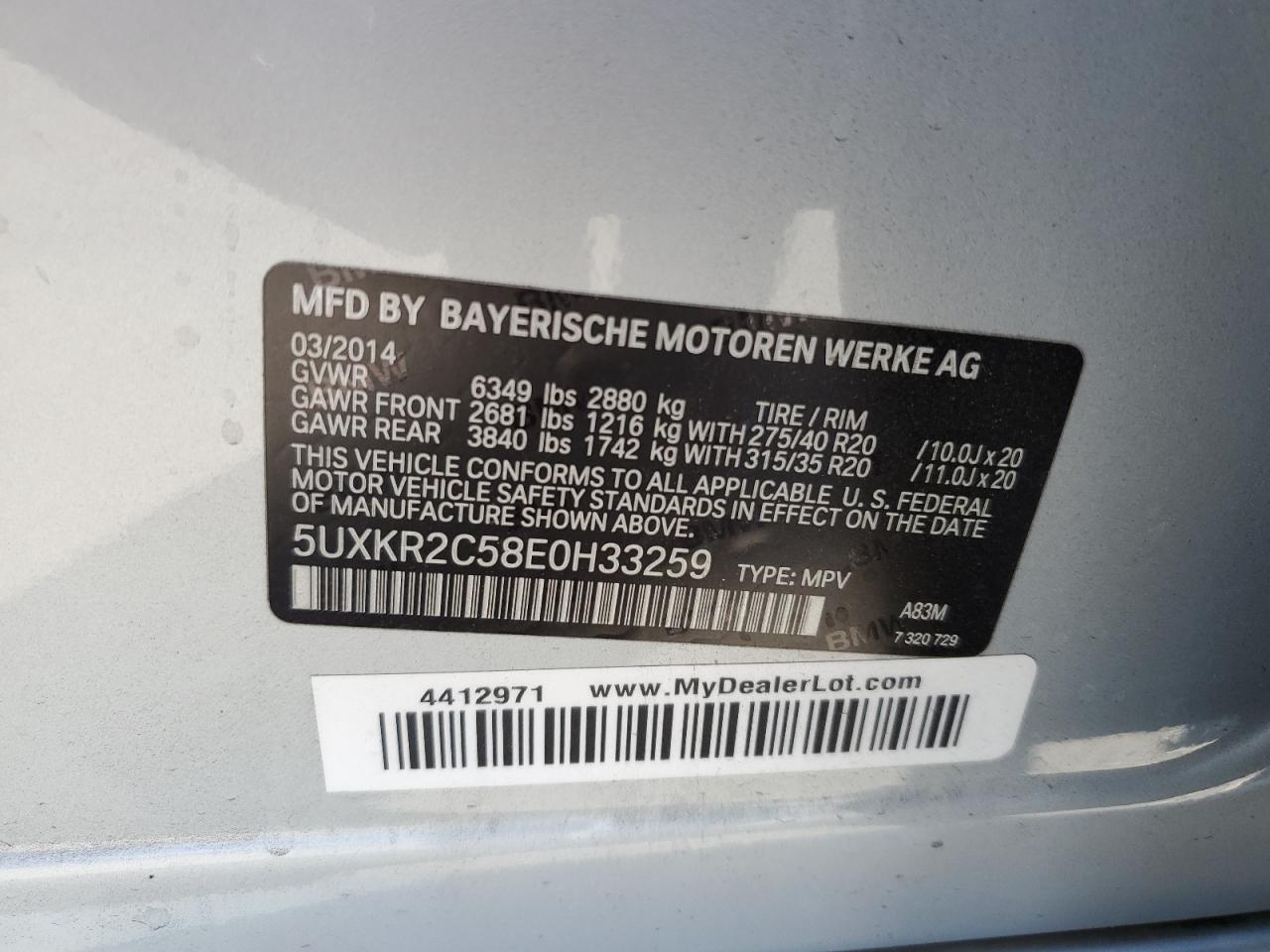 2014 BMW X5 Sdrive35I VIN: 5UXKR2C58E0H33259 Lot: 80493205