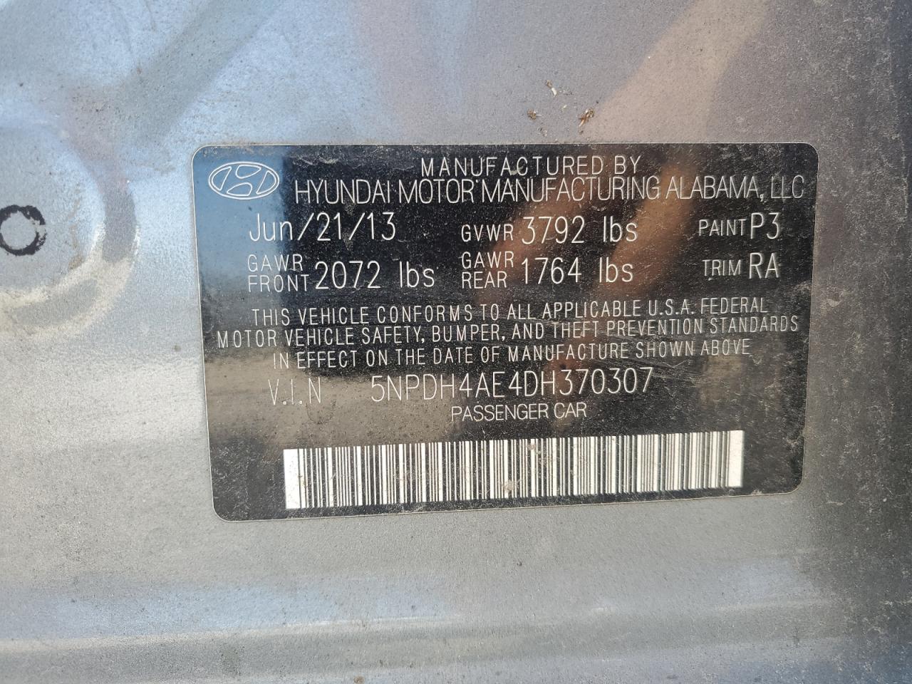 2013 Hyundai Elantra Gls VIN: 5NPDH4AE4DH370307 Lot: 80303225
