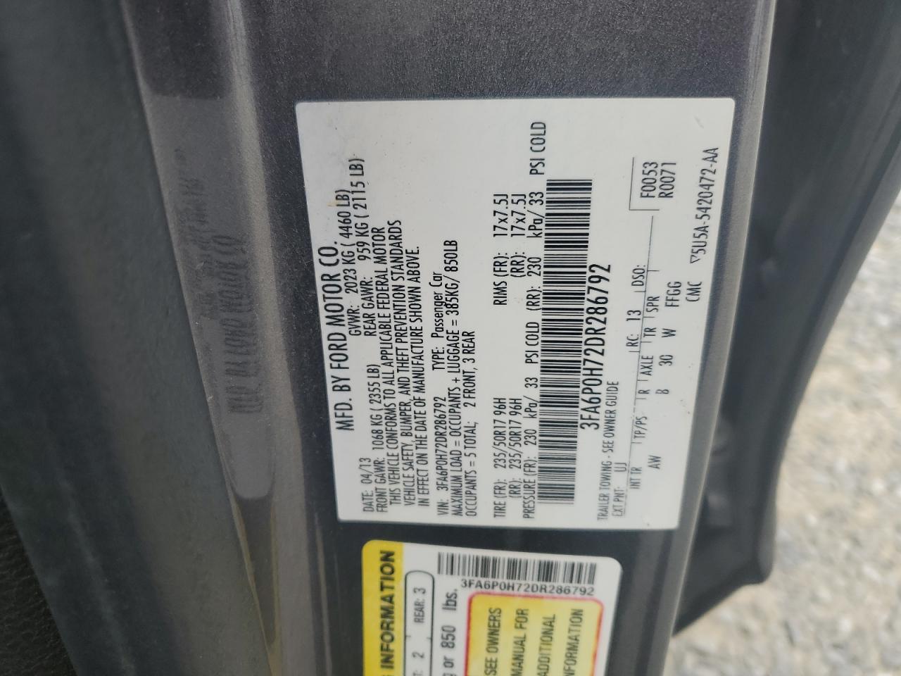 2013 Ford Fusion Se VIN: 3FA6P0H72DR286792 Lot: 83937695