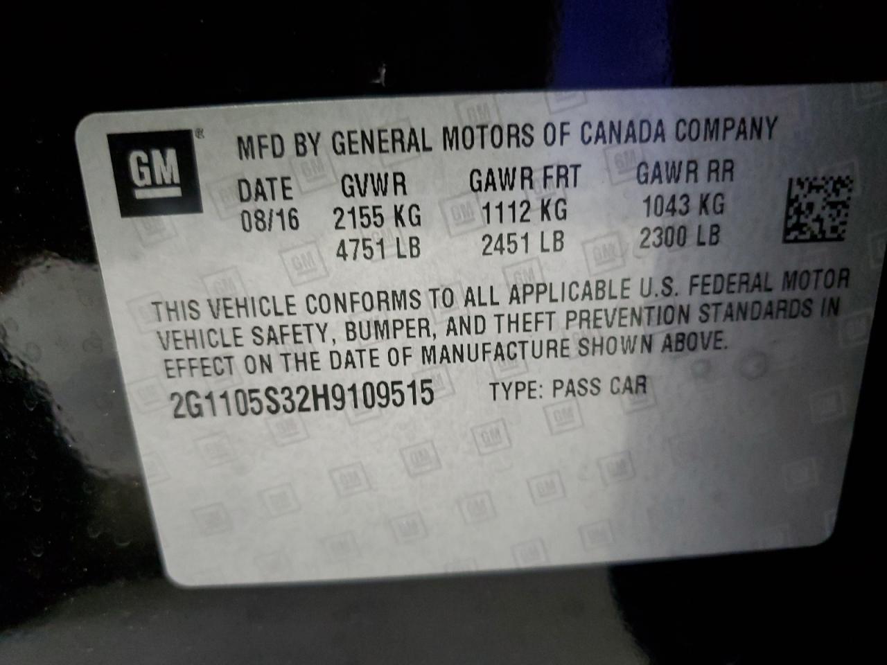 2017 Chevrolet Impala Lt VIN: 2G1105S32H9109515 Lot: 80450595