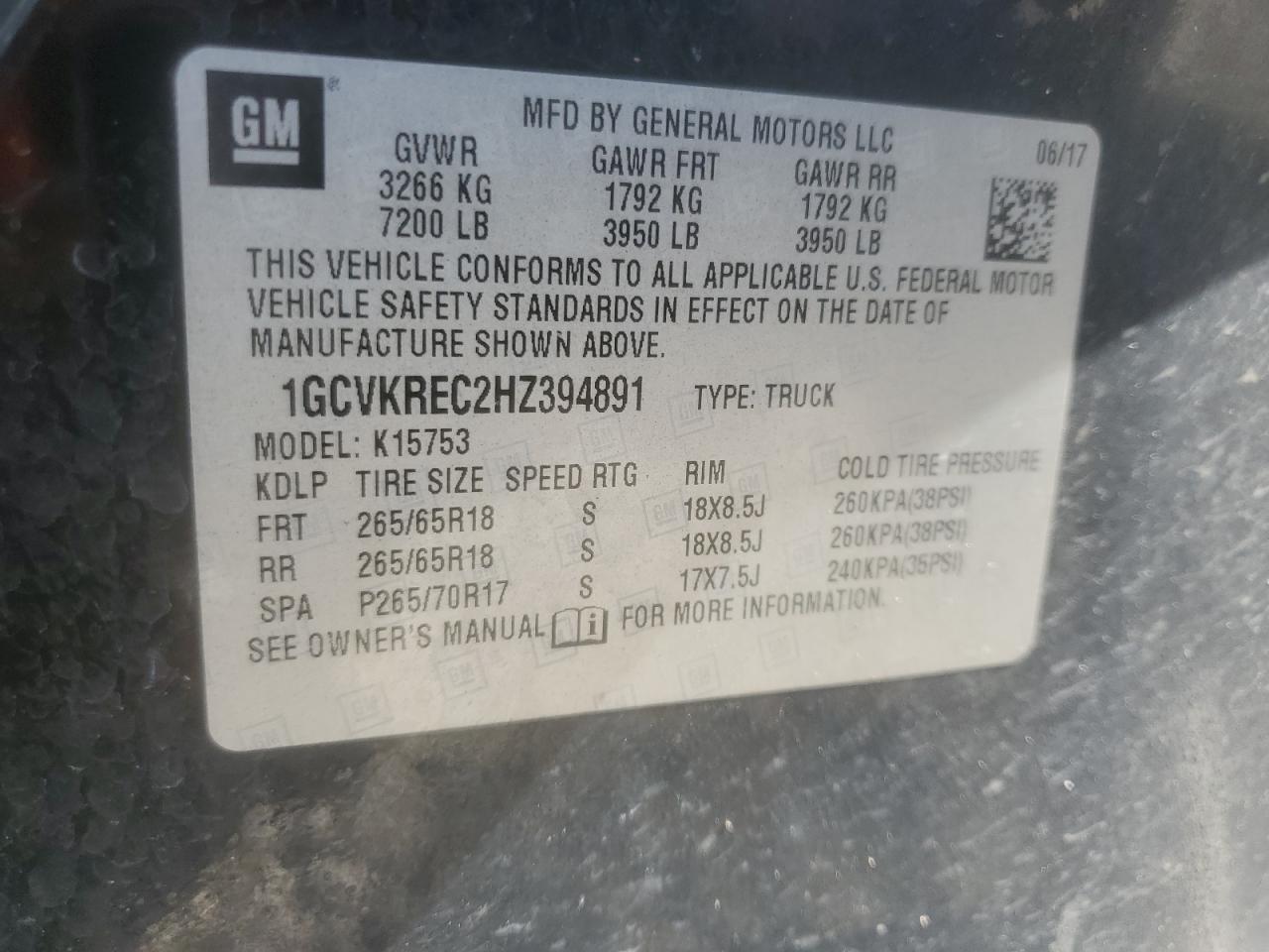 2017 Chevrolet Silverado K1500 Lt VIN: 1GCVKREC2HZ394891 Lot: 80693235