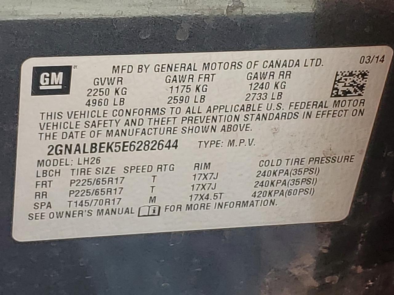 2014 Chevrolet Equinox Lt VIN: 2GNALBEK5E6282644 Lot: 96195225