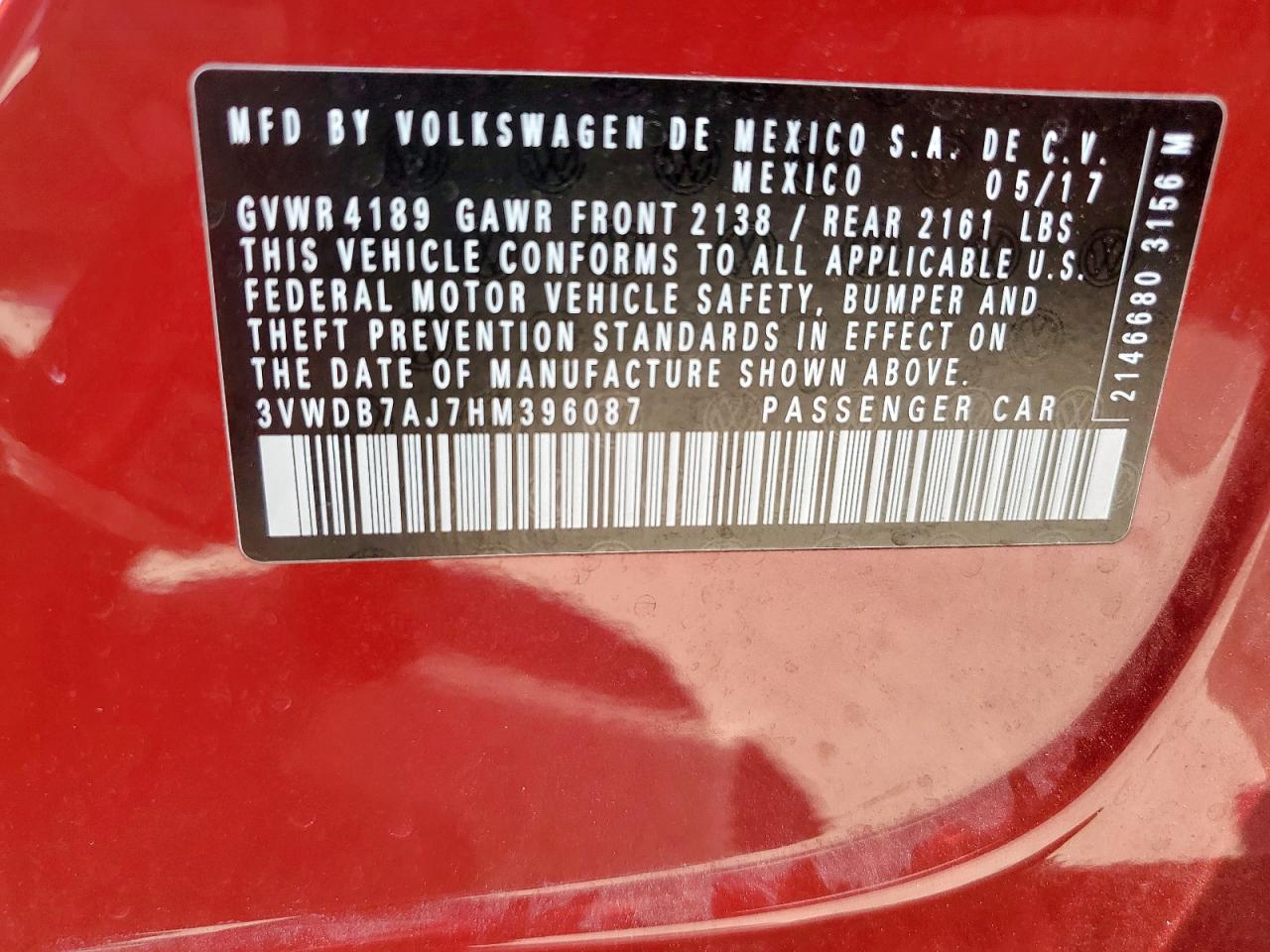 2017 Volkswagen Jetta Se VIN: 3VWDB7AJ7HM396087 Lot: 80947835