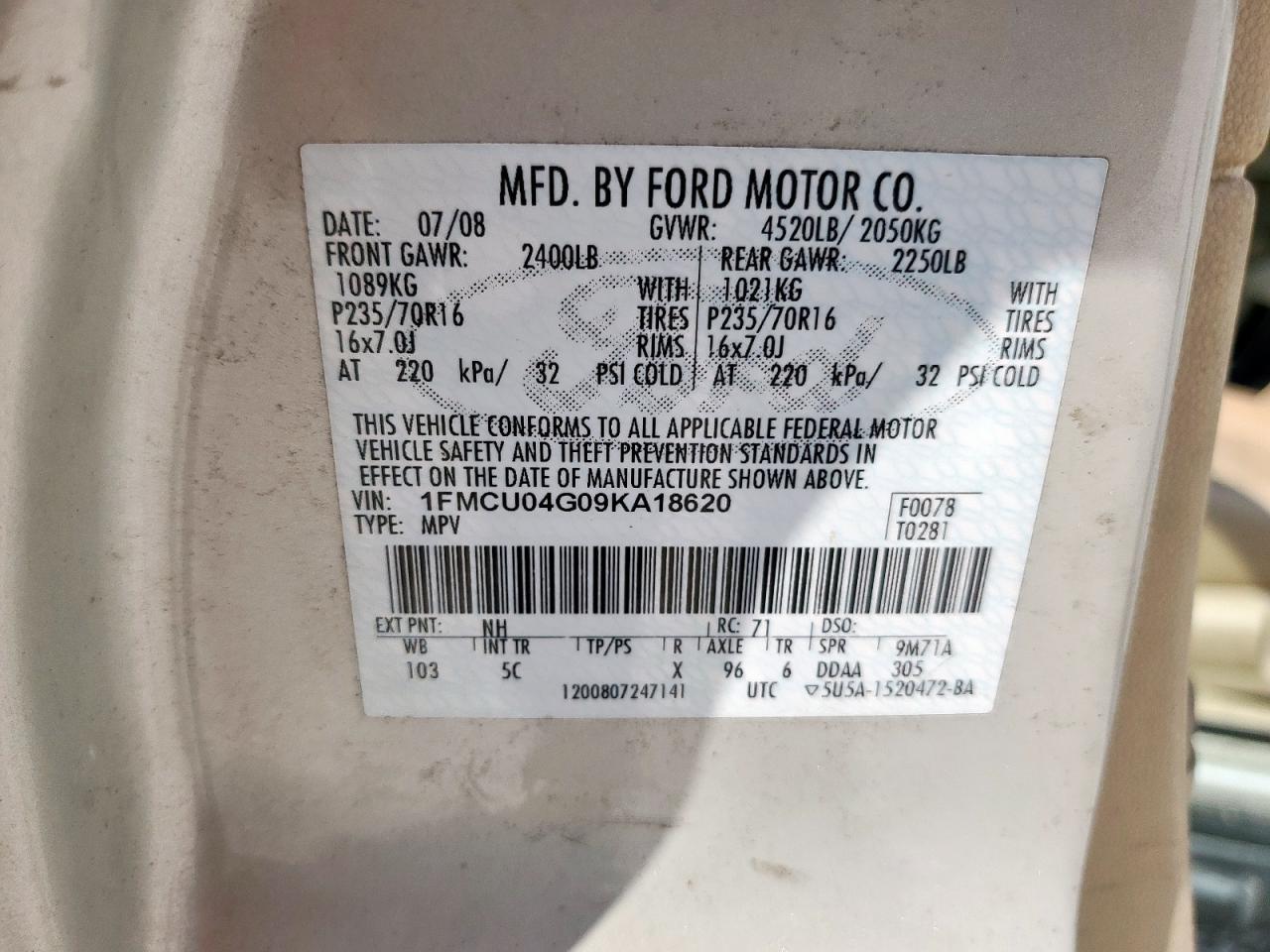 2009 Ford Escape Limited VIN: 1FMCU04G09KA18620 Lot: 71168885