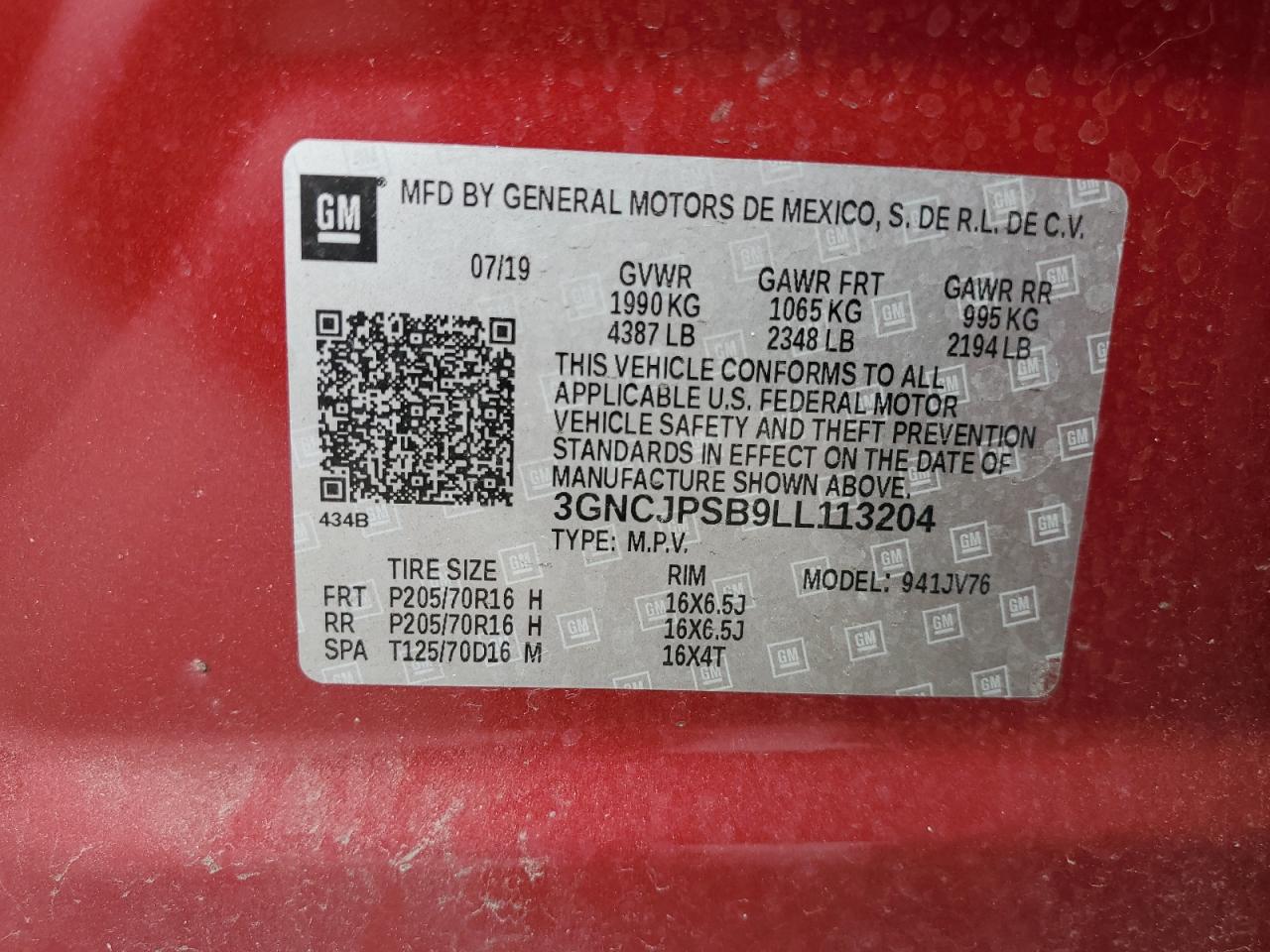 2020 Chevrolet Trax 1Lt VIN: 3GNCJPSB9LL113204 Lot: 71890885