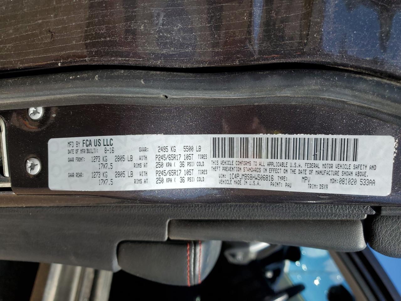 2017 Jeep Cherokee Trailhawk VIN: 1C4PJMBS8HW506816 Lot: 83831065