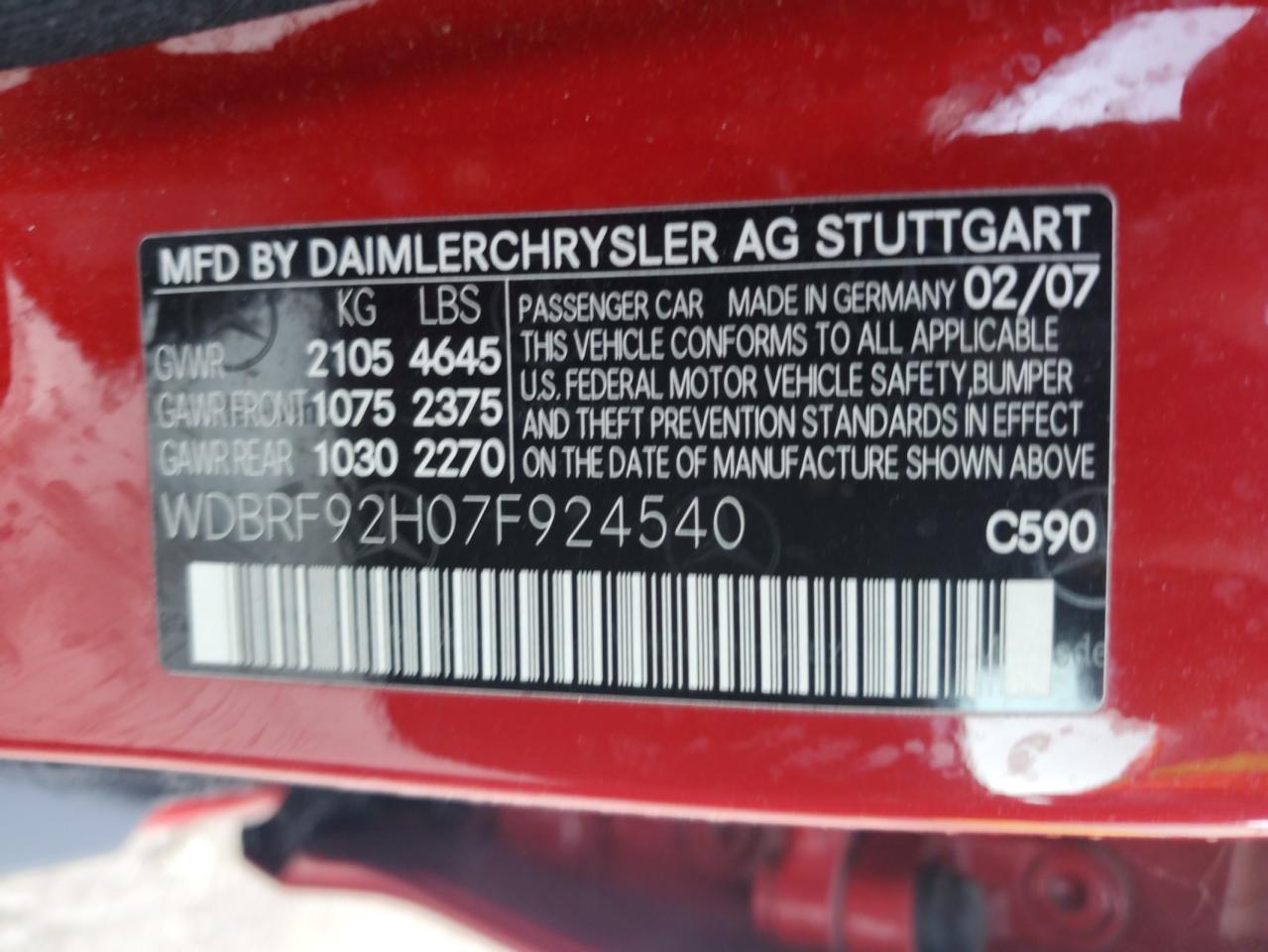 2007 Mercedes-Benz C 280 4Matic VIN: WDBRF92H07F924540 Lot: 80151755
