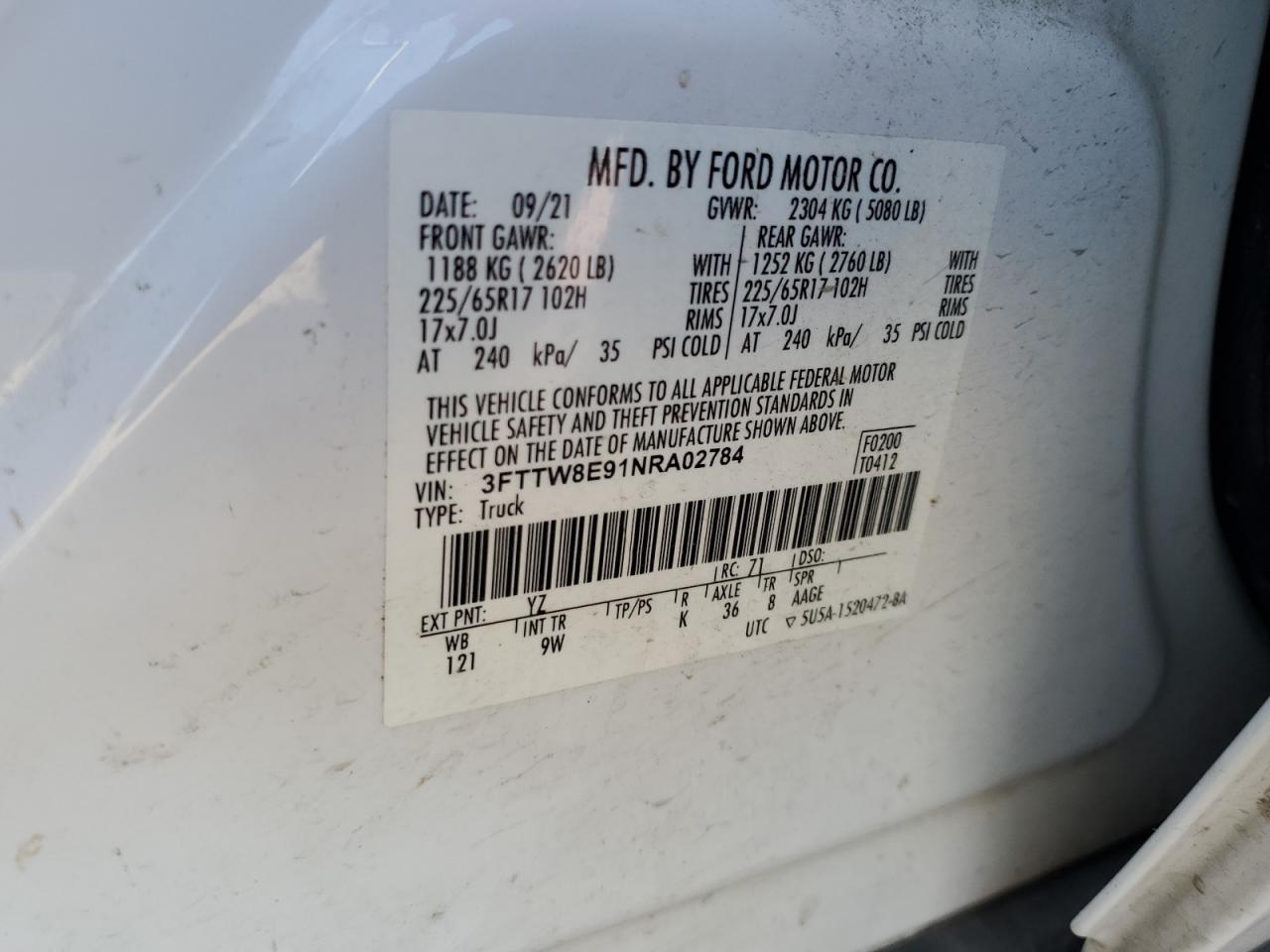 2022 Ford Maverick Xl VIN: 3FTTW8E91NRA02784 Lot: 80370735